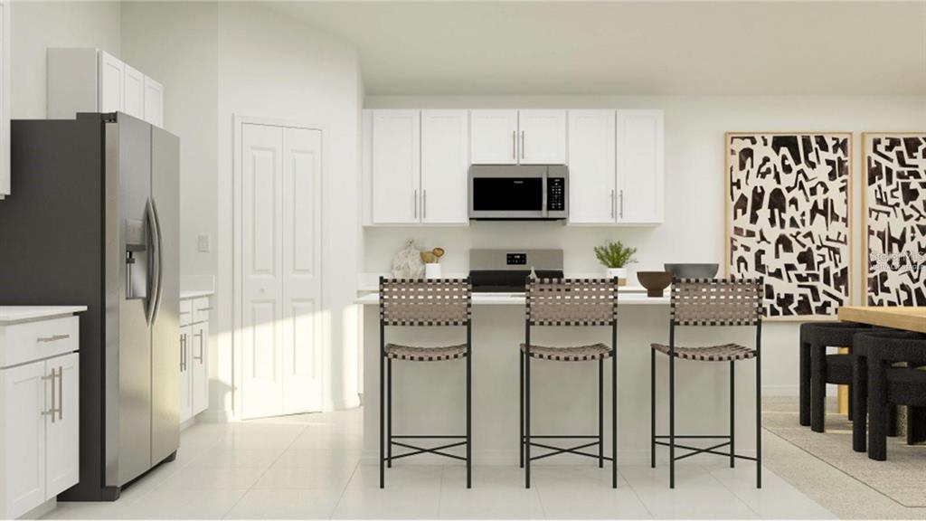This rendering shows a modern kitchen with white cabinets, stainless steel appliances, and three barstools — 3619 ROLLING RIDGE BEND, DAVENPORT, FL