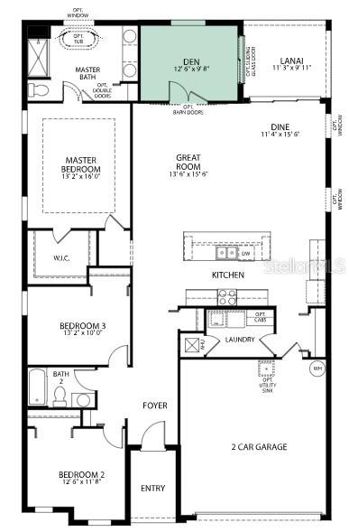This is a floor plan for a single-story home featuring three bedrooms, a den, and garage — 2083 SULSTONE DRIVE, PUNTA GORDA, FL