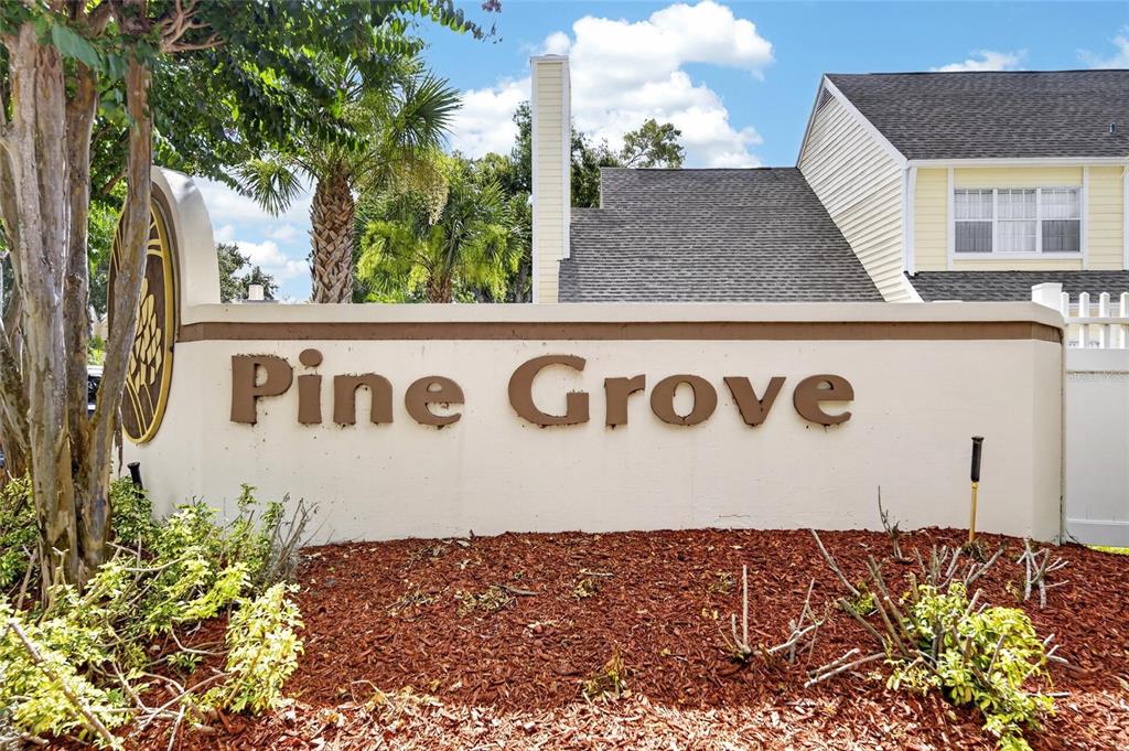 A beige monument sign reading Pine Grove stands in front of a residential building — 1214 BIG PINE DRIVE, VALRICO, FL
