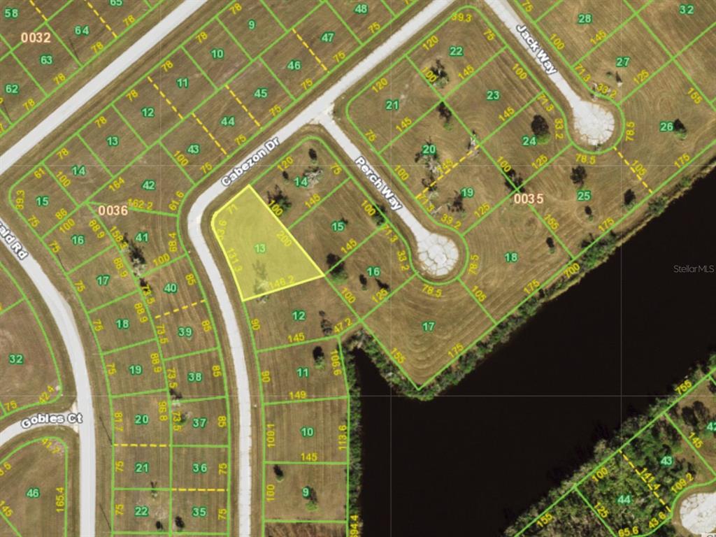 This is a satellite map showing residential property lot lines and street layouts — 12514 CABEZON DRIVE, PLACIDA, FL