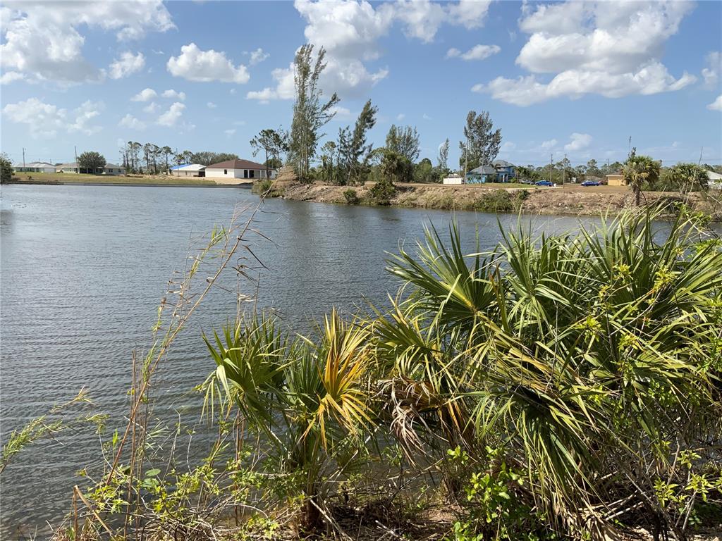 A view of a lake with surrounding vegetation and residential houses in the distance — 2113 NE 43RD LANE, CAPE CORAL, FL