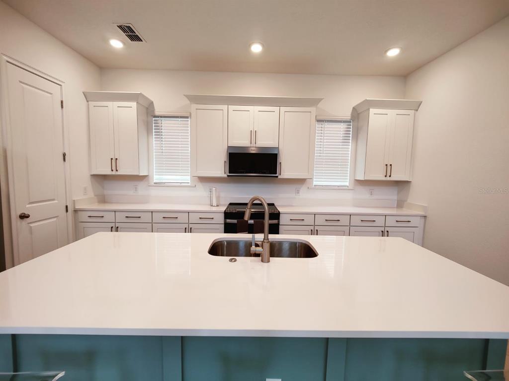 A kitchen features white cabinets, a large island with a sink, and stainless steel appliances — 7703 NEMOURS PARKWAY, ORLANDO, FL
