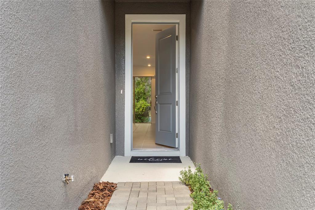 A gray front door opens into a home, viewed from a narrow, paved exterior entryway — 5273 LUISA COURT, ST CLOUD, FL