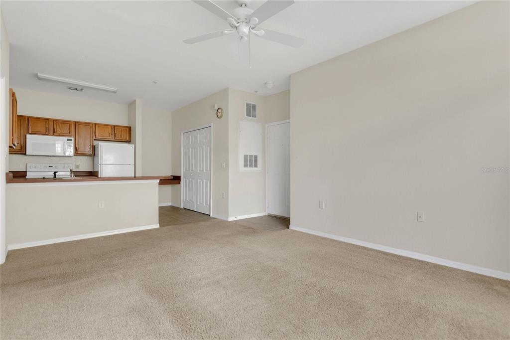 An open-concept living area features beige carpeting, a ceiling fan, and an adjacent kitchen — 8213 CLAIRE ANN DRIVE UNIT 108, ORLANDO, FL