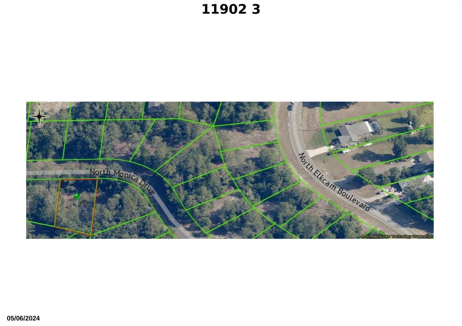This is an aerial map showing property lines for a wooded lot near a road — 11902 N Monica Drive, FL 34433, FL