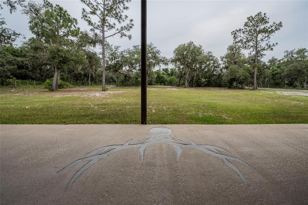 A concrete patio features a large octopus-shaped inlay and overlooks a grassy, wooded backyard — 2941 RAWLS ROAD, LAKE WALES, FL