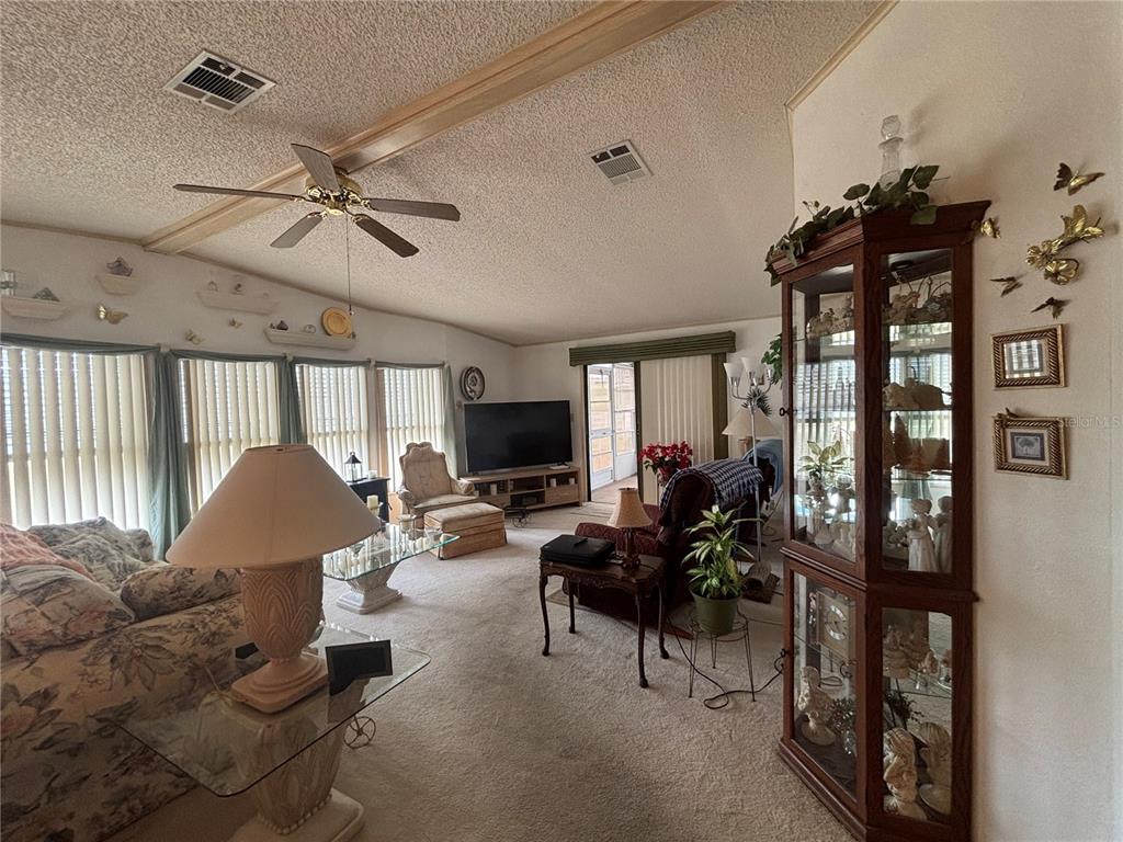 A living room features a vaulted ceiling, a ceiling fan, carpeted floors, and a display cabinet — 3746 PARWAY ROAD UNIT 1349, ZELLWOOD, FL