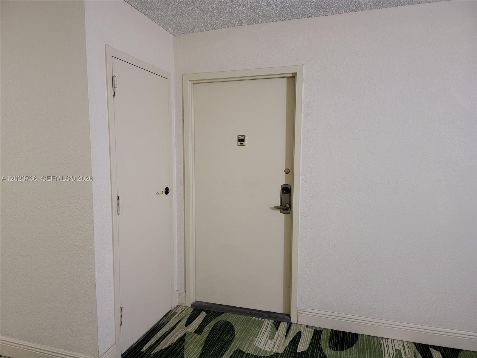 A hallway features a door labeled 430, a smaller adjacent door, and patterned green carpeting — 800 Parkview Dr # 430, Hallandale Beach FL 33009, HALLANDALE BEACH, FL