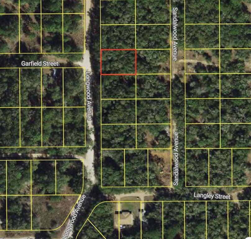 This is an aerial map showing a vacant, rectangular lot outlined in red — 614 LONGWOOD AVENUE, INVERNESS, FL