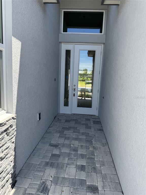 A paved walkway leads to a white front door with a glass panel and transom window — 3380 MALTA AVENUE, WESLEY CHAPEL, FL