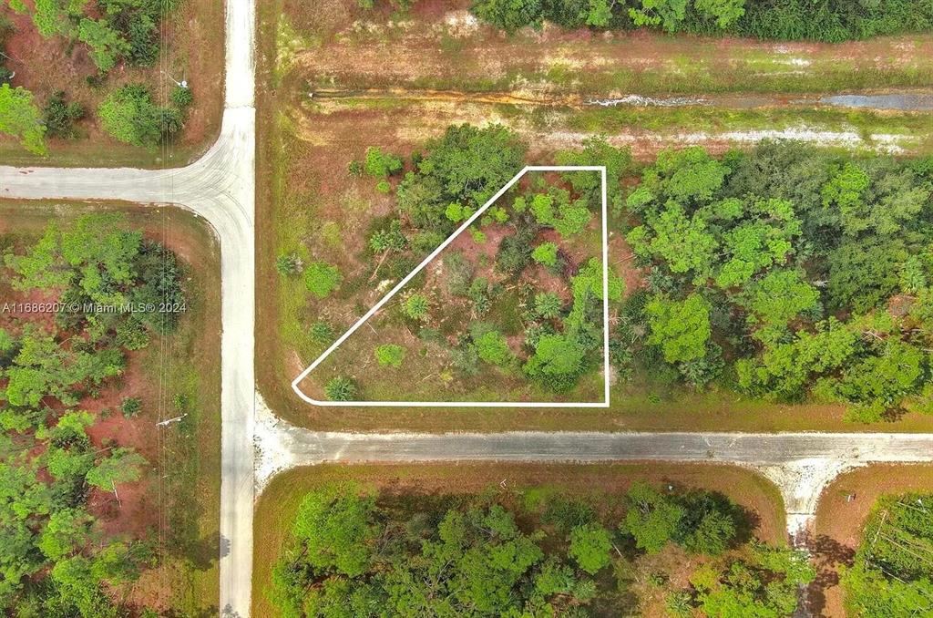 An aerial view shows a vacant, triangular-shaped lot bordered by two dirt roads — 158 NAGEL AVENUE S, LEHIGH ACRES, FL