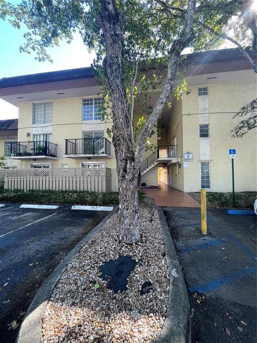 A multi-story apartment building exterior with a central tree, parking spaces, and a handicap sign — 8500 SW 109th Ave # 229, Miami FL 33173, MIAMI, FL
