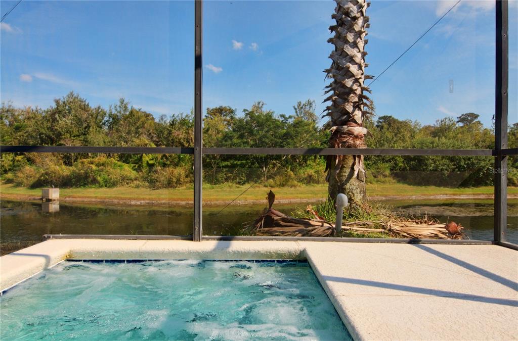 A hot tub sits on a patio enclosed by a screen overlooking a pond and trees — 4718 PRAIRIE POINT BOULEVARD, KISSIMMEE, FL