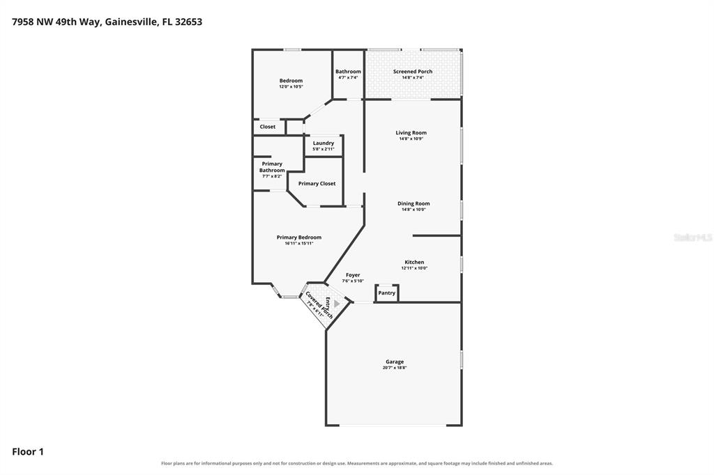 This is a floor plan for a single-story house with a garage and screened porch — 7958 NW 49TH WAY, GAINESVILLE, FL