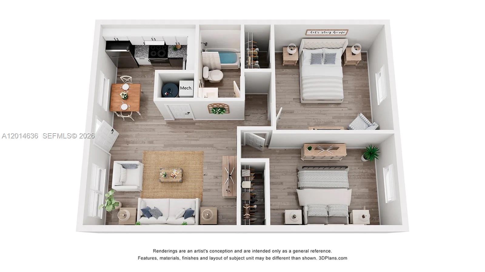 This is a 3D floor plan rendering of a two-bedroom apartment with one bathroom — 311 NW 42ND CT # 101, Pompano Beach FL 33064, POMPANO BEACH, FL