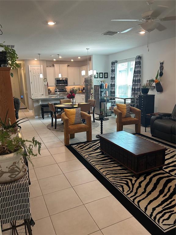 An open-concept living and dining area features tile flooring, a zebra-print rug, and kitchen cabinetry — 377 VESTRELLA DRIVE, KISSIMMEE, FL