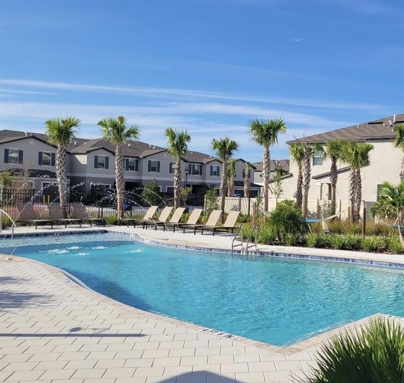 A swimming pool with lounge chairs and palm trees sits in front of townhomes — 8248 CORNER PINE WAY, NEW PORT RICHEY, FL
