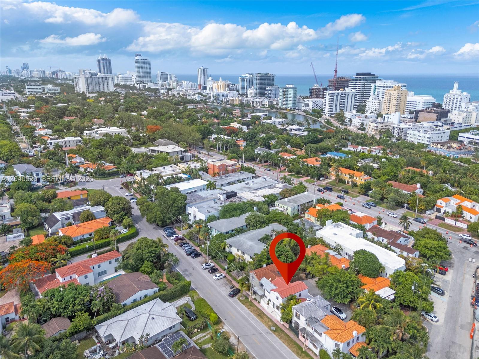 An aerial view shows a residential street with a red location pin over a house — 337 W 28th St, Miami Beach FL 33140, MIAMI BEACH, FL