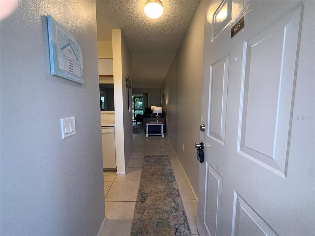 The view from an open apartment door shows a hallway with tile floors leading to a living area — 3001 58TH AVENUE S UNIT 805, ST PETERSBURG, FL