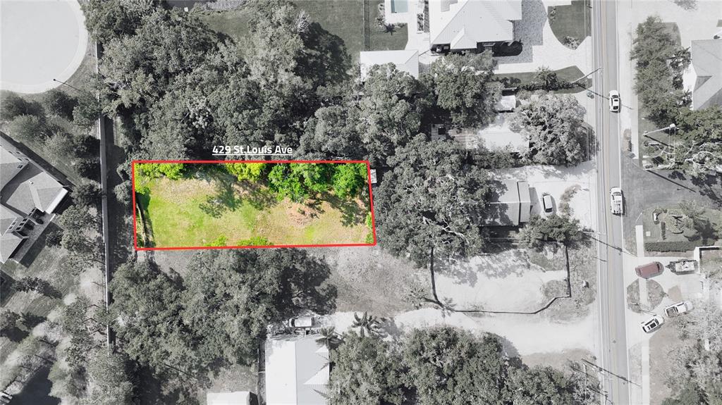 An aerial view shows a rectangular, tree-lined vacant lot outlined in red — 429 ST LOUIS AVENUE, PALM HARBOR, FL