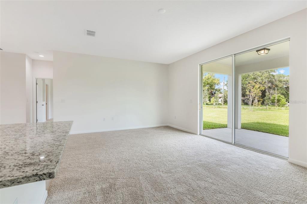 A carpeted living room features a granite-topped island and sliding glass doors to a patio — 3788 WATERCLIFF CIRCLE, GRAND ISLAND, FL