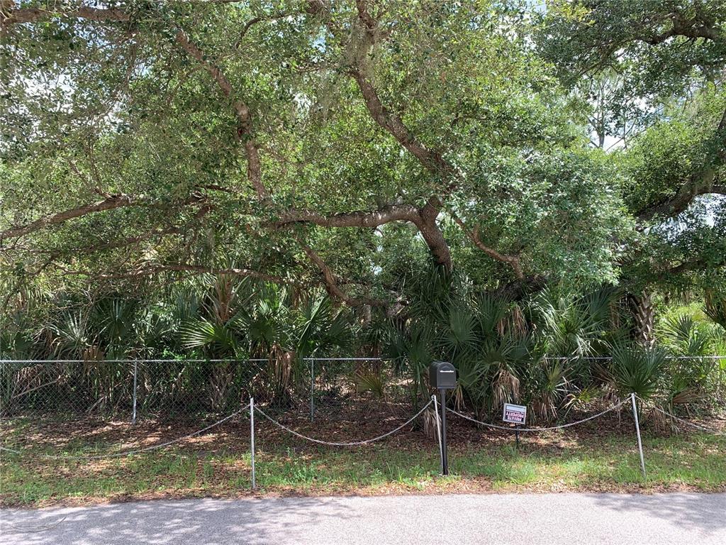 A chain-link fence and a chain barrier enclose a wooded lot with mature oak trees — 17489 CLOVER, PORT CHARLOTTE, FL