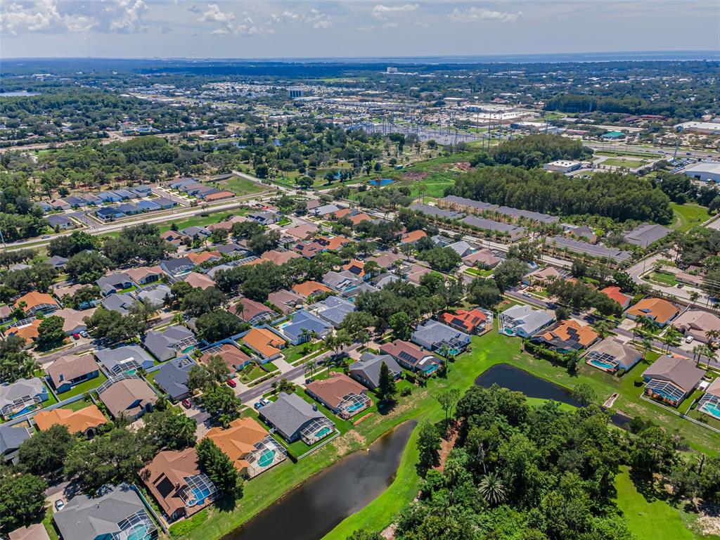 An aerial view shows a suburban neighborhood with houses, swimming pools, and a small pond — 1259 PARADISE LAKE DRIVE, TARPON SPRINGS, FL