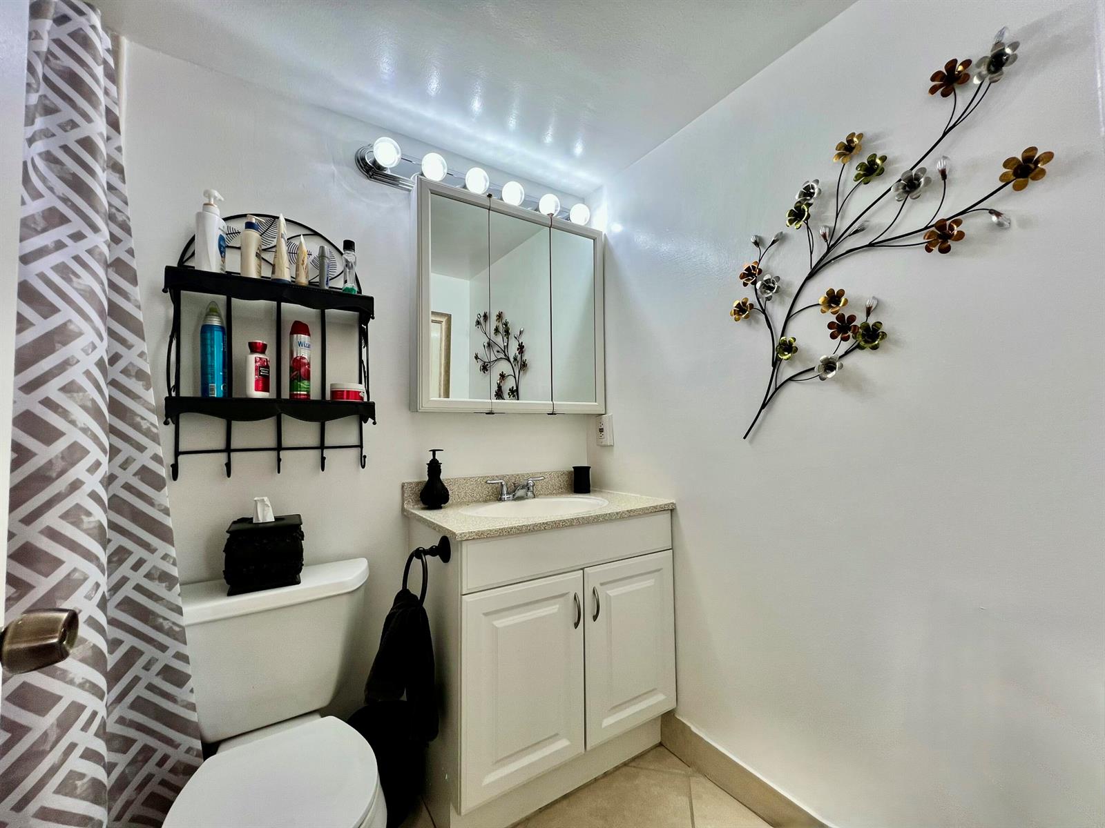 A bathroom features a white vanity, a medicine cabinet, a toilet, and floral wall decor — 180 Tilford I, Deerfield Beach FL 33442, DEERFIELD BEACH, FL