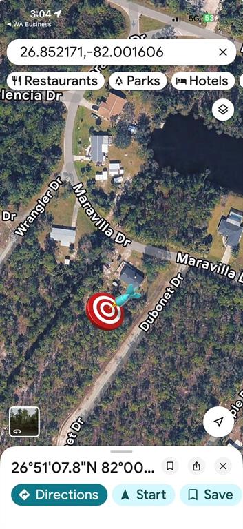 This is a satellite map view showing a residential area with streets and a target marker — 27220 DUBONET DRIVE, PUNTA GORDA, FL