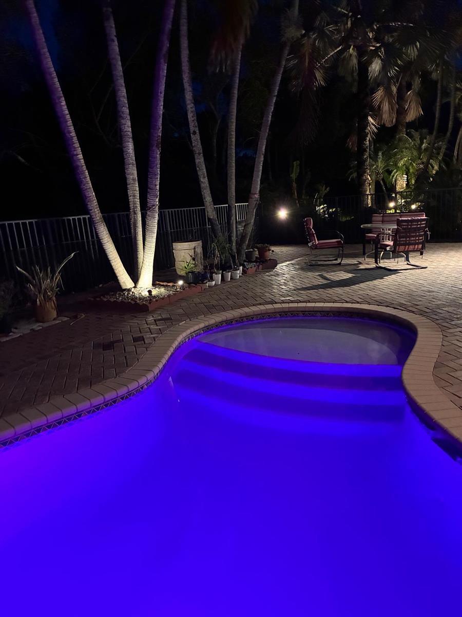 A backyard patio features a glowing blue swimming pool, palm trees, and outdoor dining furniture — 10340 Trianon Place, Wellington FL 33449, WELLINGTON, FL