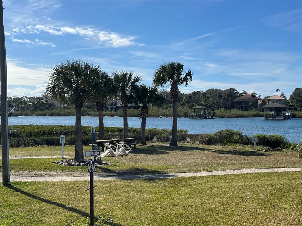 A grassy waterfront area features palm trees, a picnic table, and docks on the water — 157 LOOKOUT DRIVE, FLAGLER BEACH, FL
