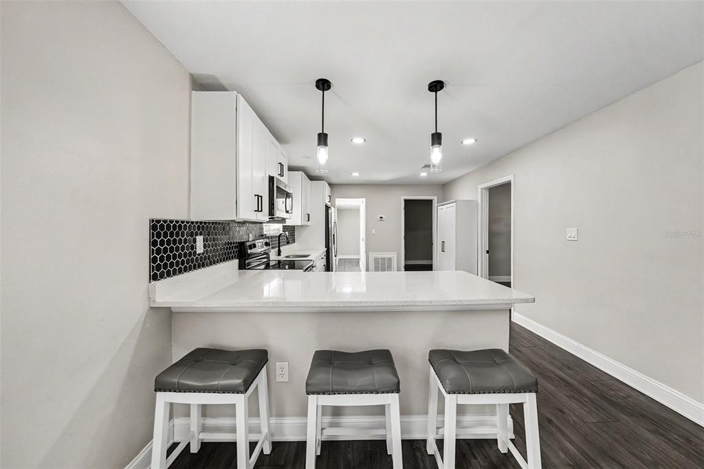 A kitchen features a white breakfast bar, three gray stools, and a black honeycomb backsplash — 1204 E CAYUGA STREET, TAMPA, FL
