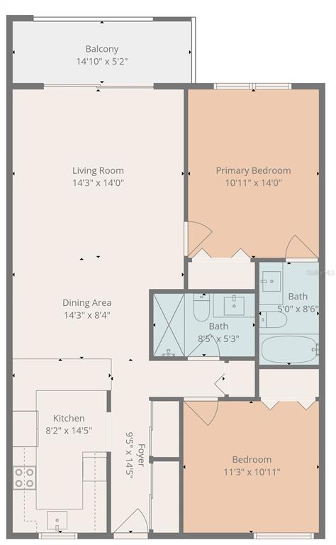 This is a floor plan for a two-bedroom, two-bathroom apartment with a balcony — 3800 S ATLANTIC AVENUE UNIT 207, DAYTONA BEACH, FL