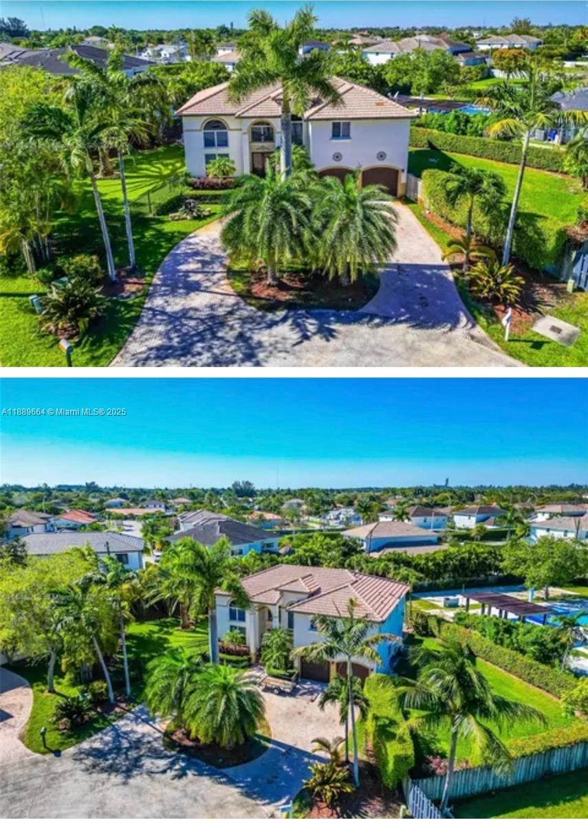 An aerial view of a two-story house with a circular driveway and lush landscaping — 12071 SW 1st St, Miami FL 33184, MIAMI, FL