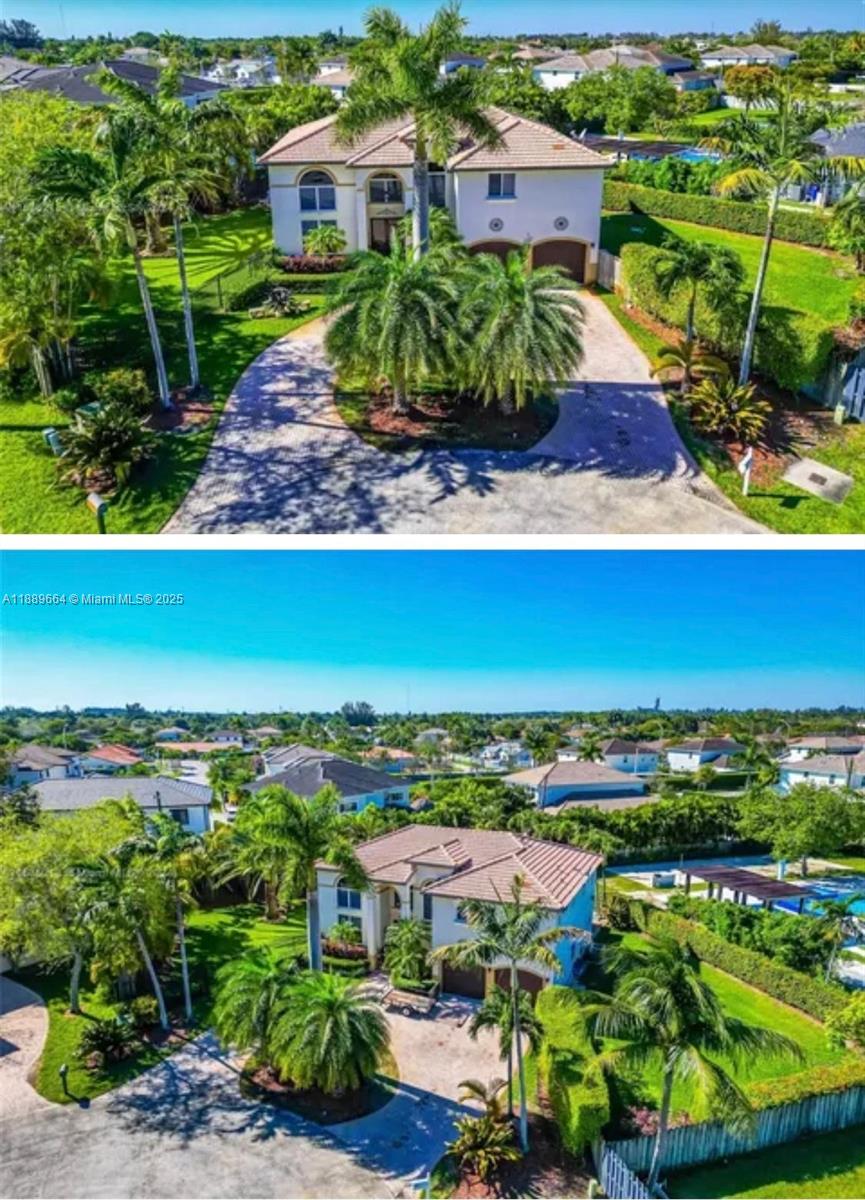 An aerial view of a two-story house with a circular driveway and palm trees — 12071 SW 1st St, Miami FL 33184, MIAMI, FL