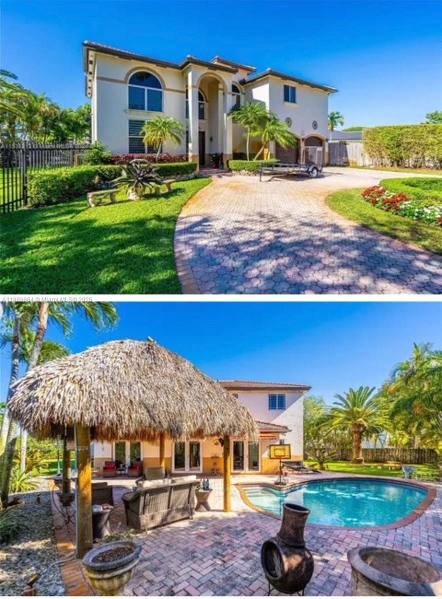 A two-story house with a paved driveway and a backyard featuring a pool and tiki hut — 12071 SW 1st St, Miami FL 33184, MIAMI, FL