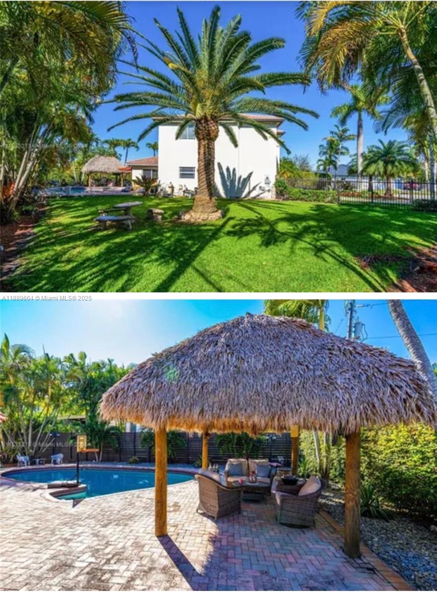 The images show a backyard with a palm tree, lawn, swimming pool, and tiki hut — 12071 SW 1st St, Miami FL 33184, MIAMI, FL