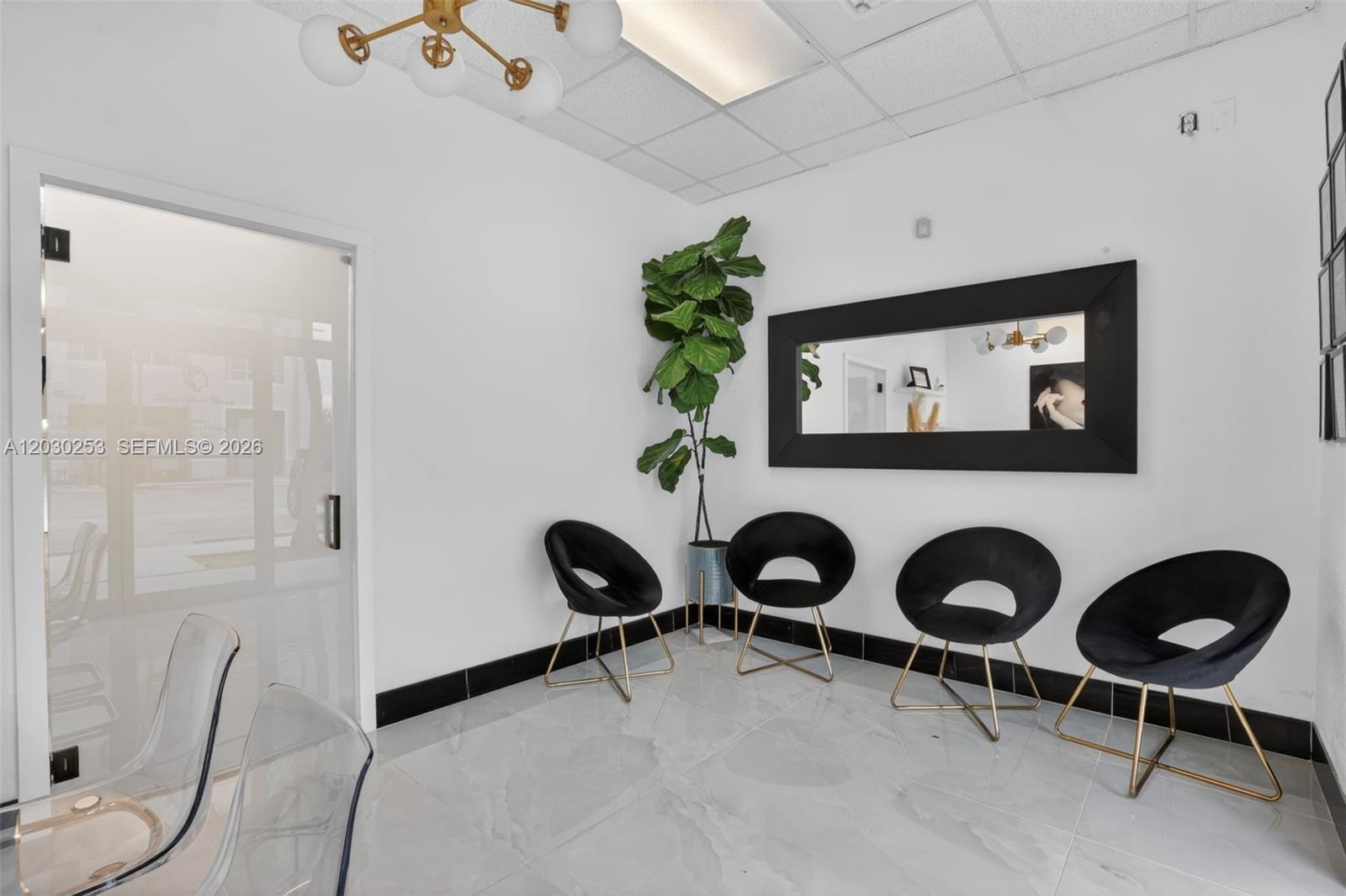 A waiting room features four black chairs, a large mirror, and a tall potted plant — 17690 NW 78th Ave, Hialeah FL 33015, HIALEAH, FL