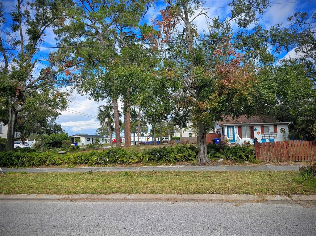 A grassy vacant lot sits between mature trees and a small house with a blue door — 237 50TH AVENUE N, ST PETERSBURG, FL