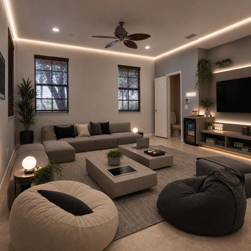 This rendering shows a modern living room with a sectional sofa, beanbag chairs, and lighting — 103 E Thatch Palm Circle, Jupiter FL 33458, JUPITER, FL