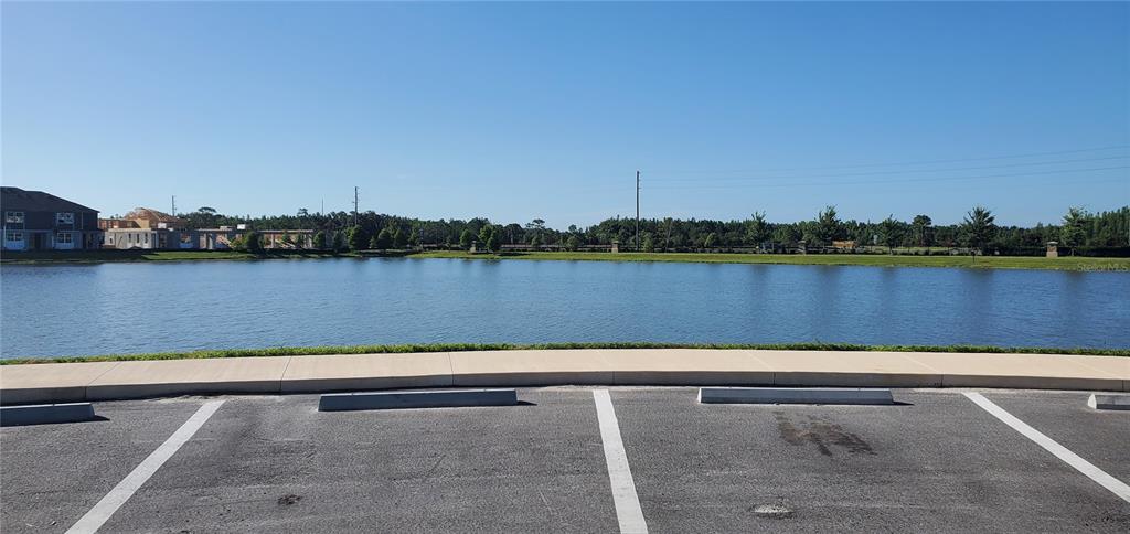 A parking lot overlooks a large pond with a treeline and construction in the background — 29821 SOUTHWELL LANE, WESLEY CHAPEL, FL