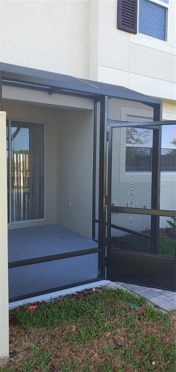 A ground-level patio with a screen enclosure and a sliding glass door entrance — 29821 SOUTHWELL LANE, WESLEY CHAPEL, FL