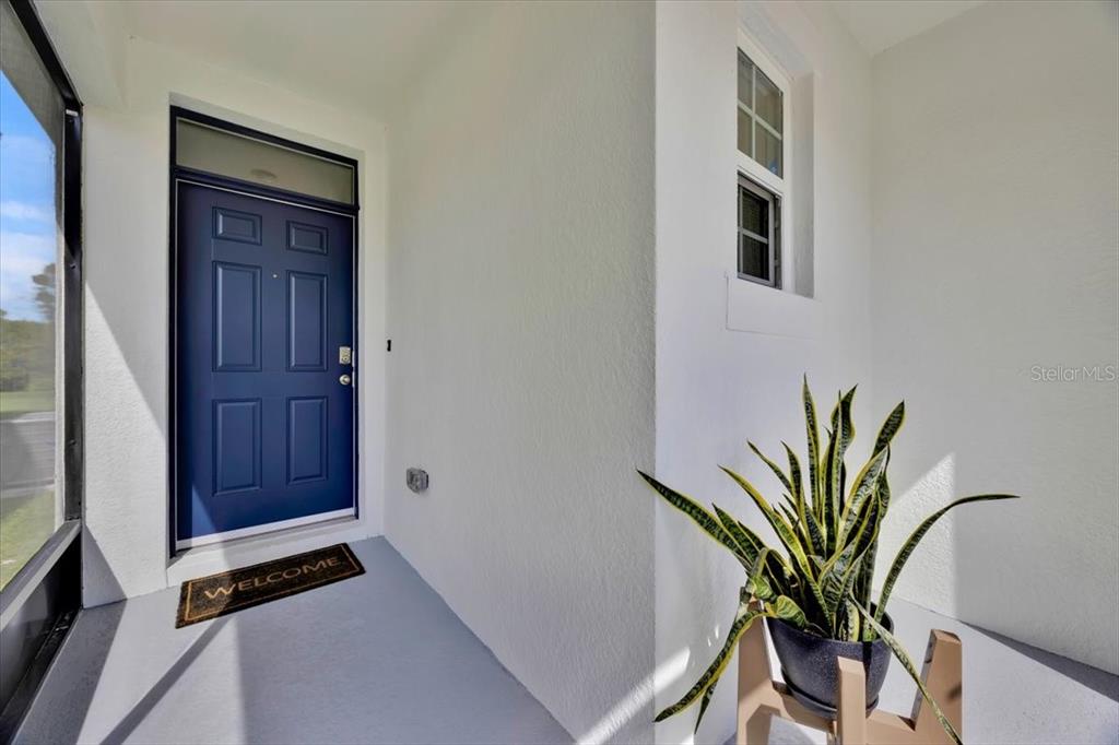 A blue front door with a transom window sits beside a potted plant on a porch — 2497 RIBBON FALL AVENUE, DAVENPORT, FL