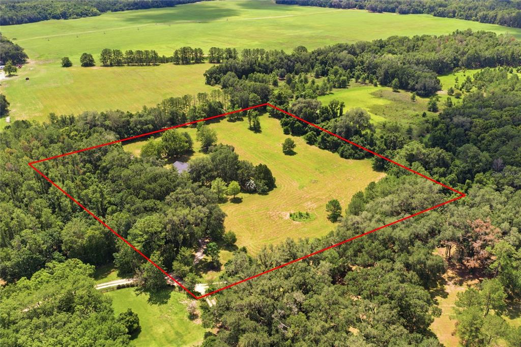 An aerial view shows a large, grassy lot outlined in red, surrounded by dense trees — 22929 E COUNTY ROAD 1474, HAWTHORNE, FL
