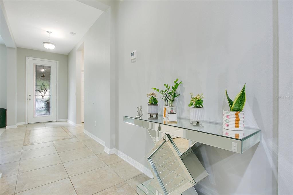 A mirrored console table with potted plants sits in a tiled entryway near a door — 4918 WILDWOOD POINTE ROAD, WINTER GARDEN, FL