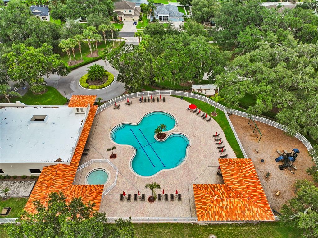 An aerial view shows a swimming pool, a hot tub, and a playground within a courtyard — 3423 SANTA RITA LANE, LAND O LAKES, FL