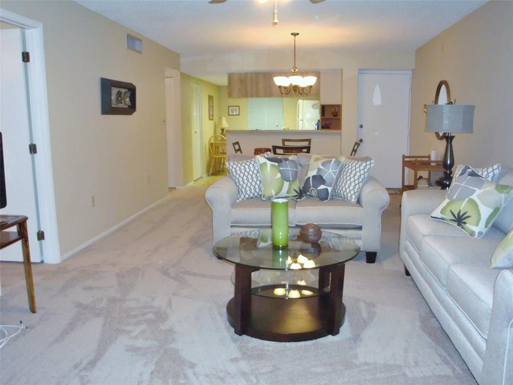 A living room features beige carpet, a glass coffee table, and a sofa with patterned pillows — 244 CYPRESS LANE UNIT 244, OLDSMAR, FL