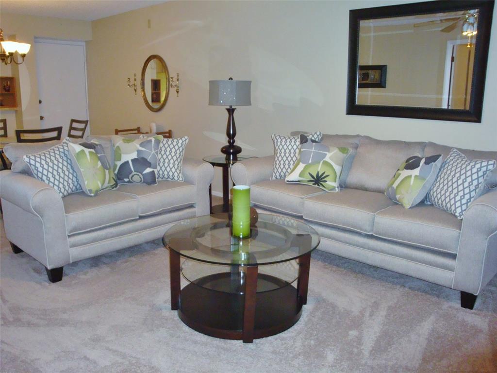 A living room features a light gray sofa and loveseat with patterned pillows and a table — 244 CYPRESS LANE UNIT 244, OLDSMAR, FL