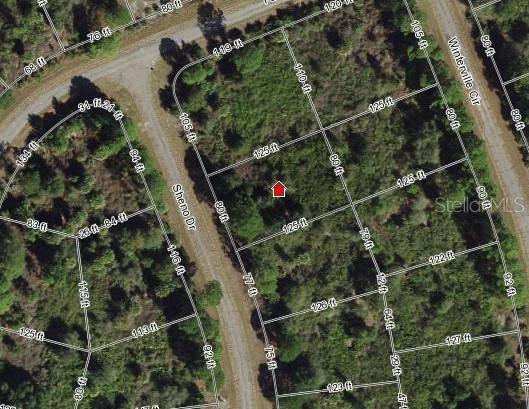 An aerial map view shows a rectangular plot of land marked with a red icon — Lot 11 SHENO DRIVE, NORTH PORT, FL
