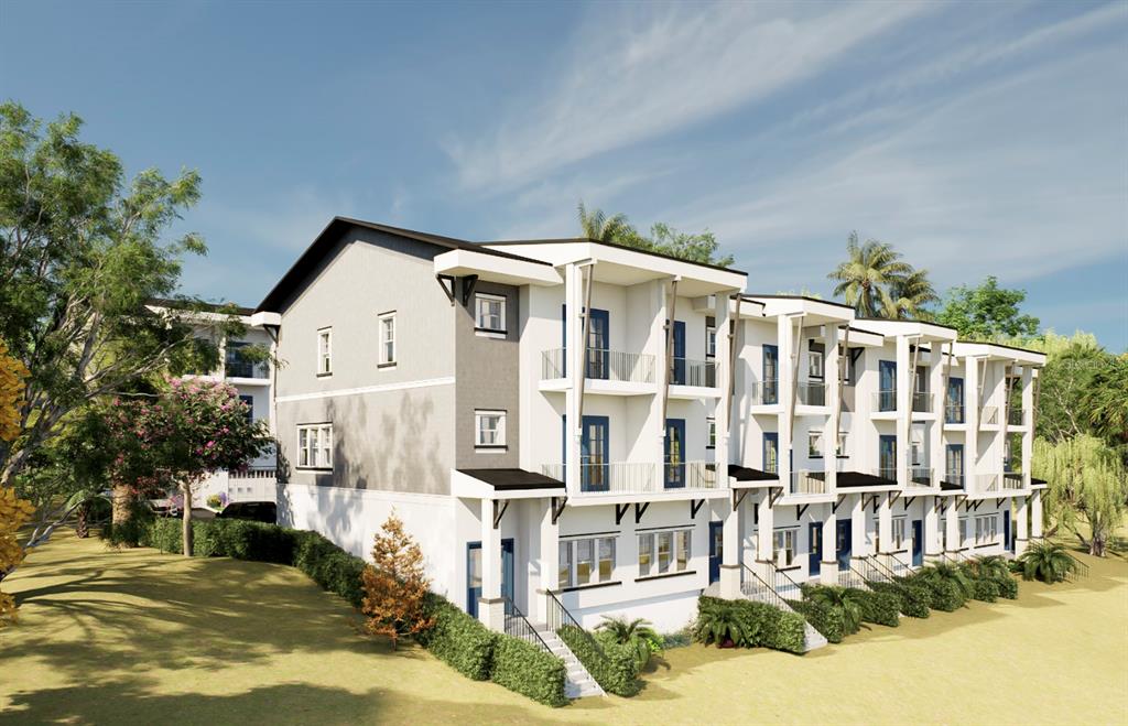 This is a digital rendering of a multi-story townhouse complex with white and gray siding — 1000 W MONTROSE STREET, CLERMONT, FL